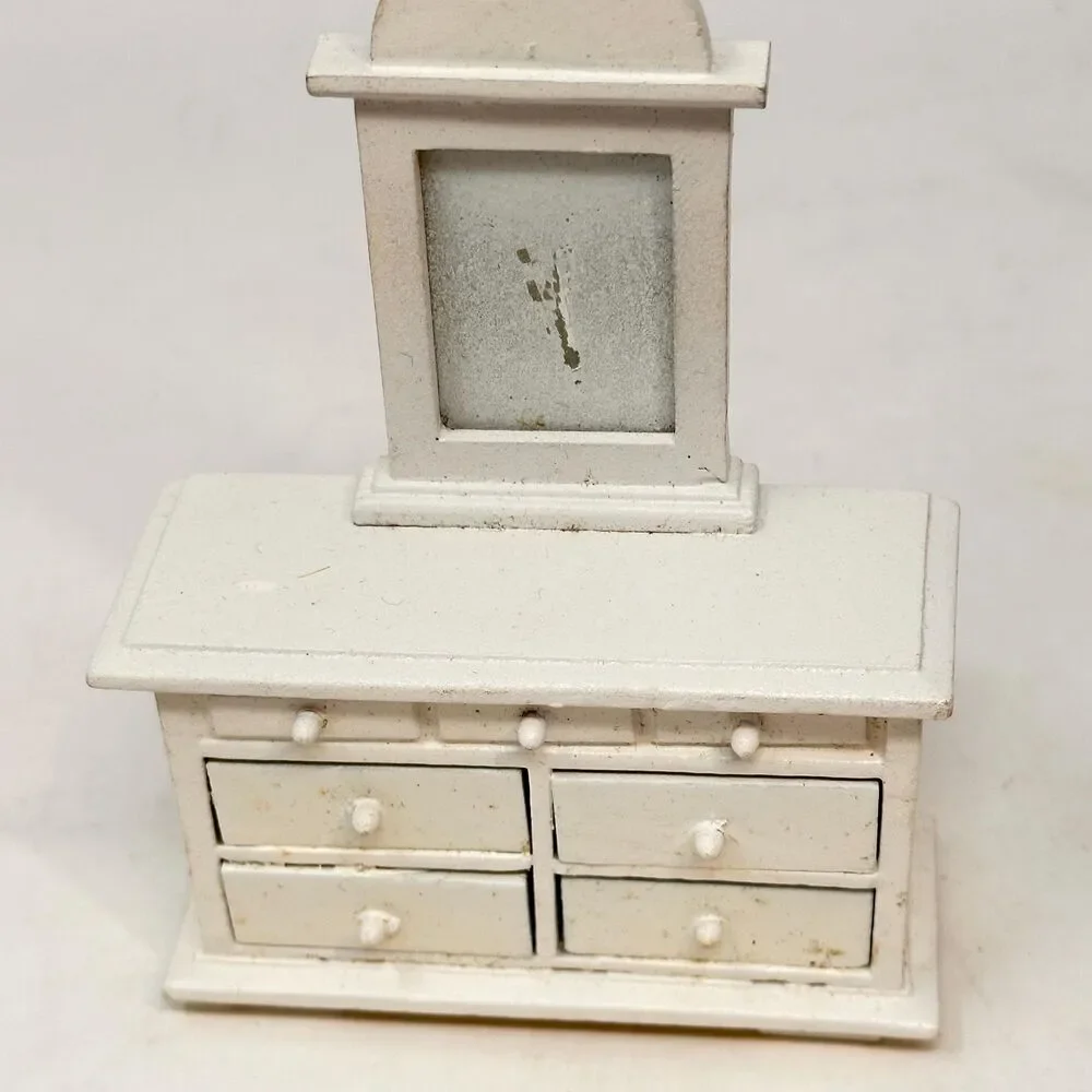 Vintage White Dollhouse Dresser 1:12 Miniature Vanity Wood Faux Drawers